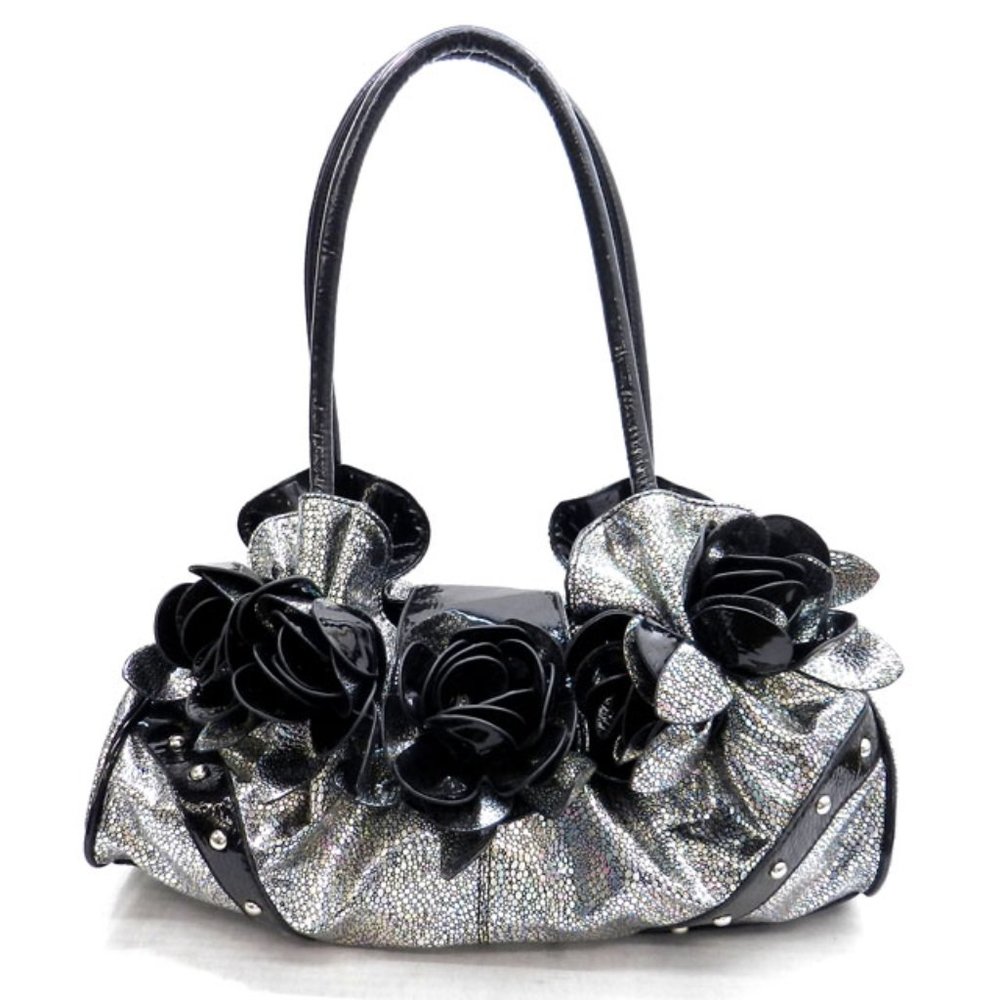 New Faux Leather Handbag With Roses Silver